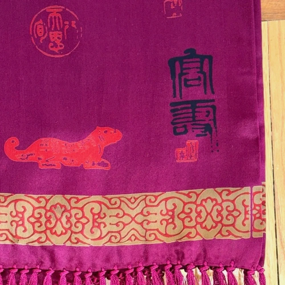 Vintage Silk Scarf Magenta Gold Asian Motif Fringe Long Wrap Shawl